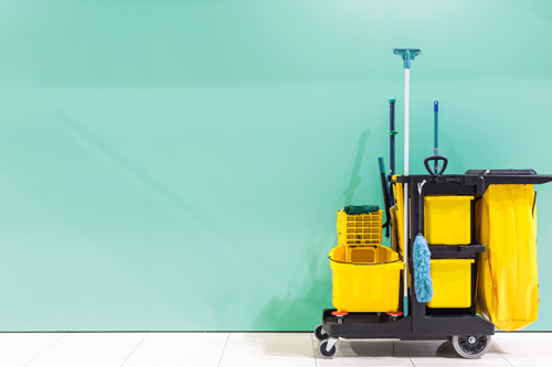 A professional cleaner's cart and equipment.