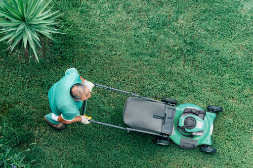 A landscaper mowing a client's lawn.